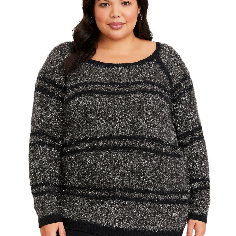 Ruby Rd. Woman Metallic Fuzzy Striped Sweater 1X Black Silver
